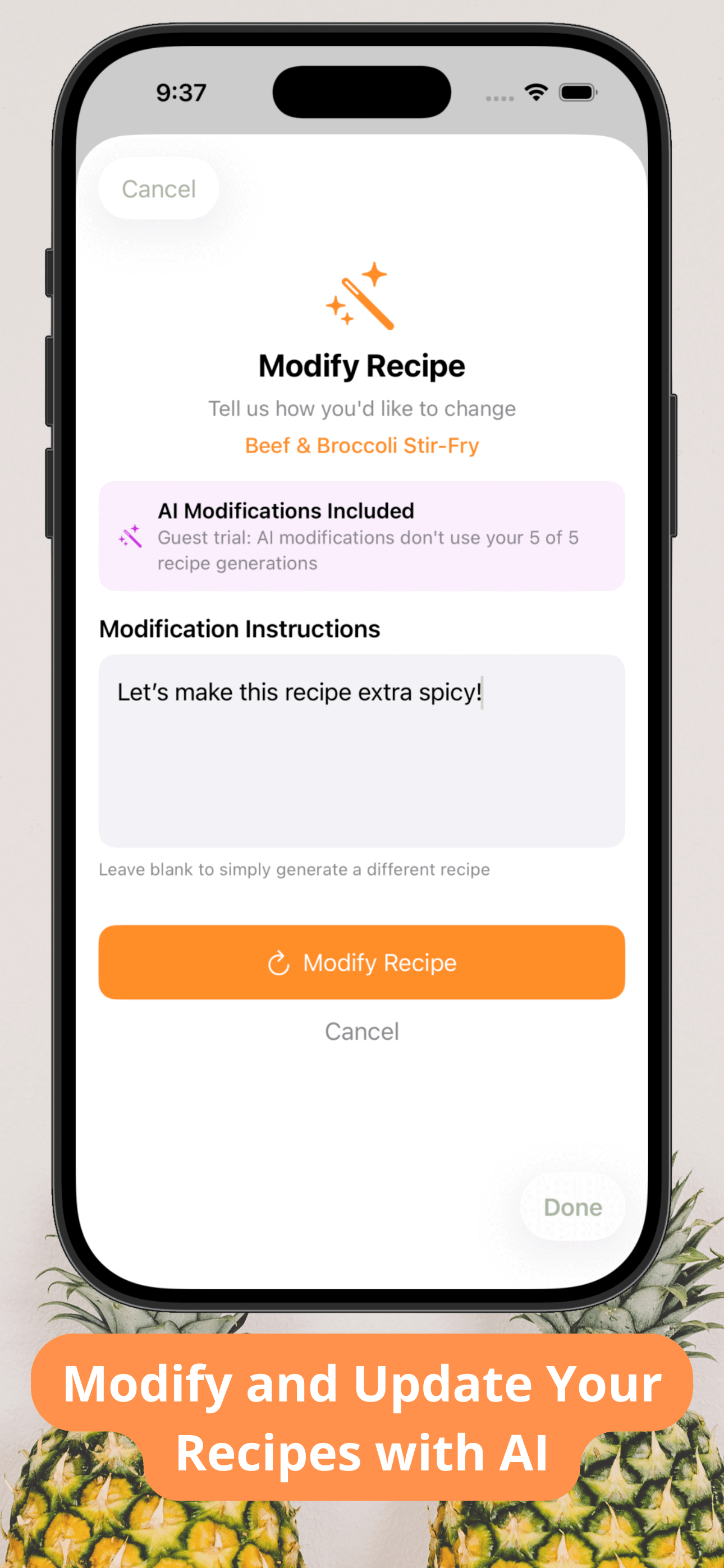 AI recipe modification and updates