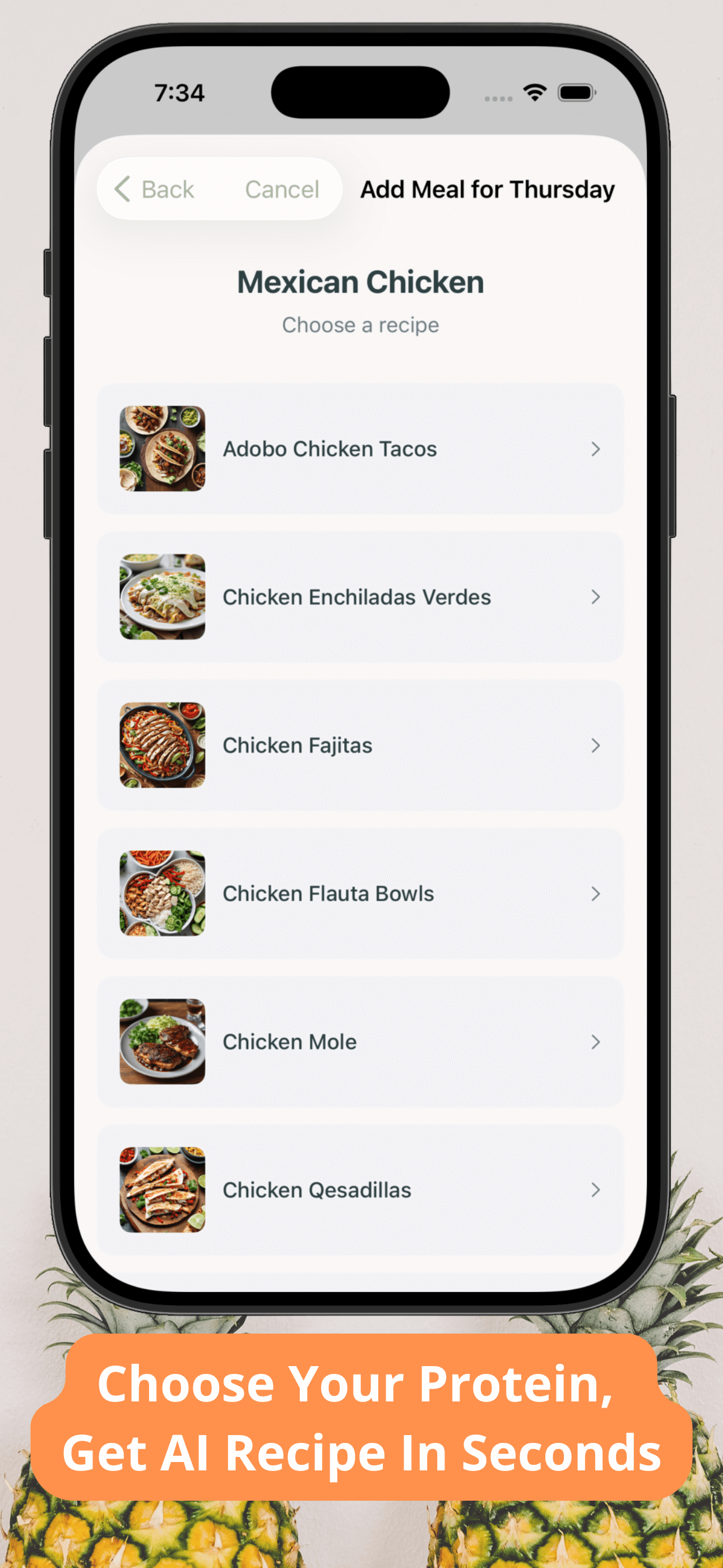 Recipe selection with protein and cuisine options
