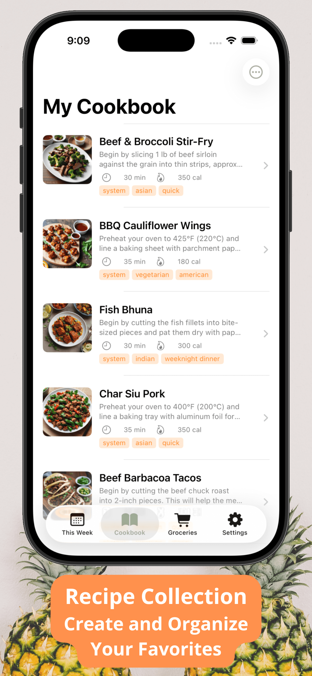 Personal cookbook with saved recipes
