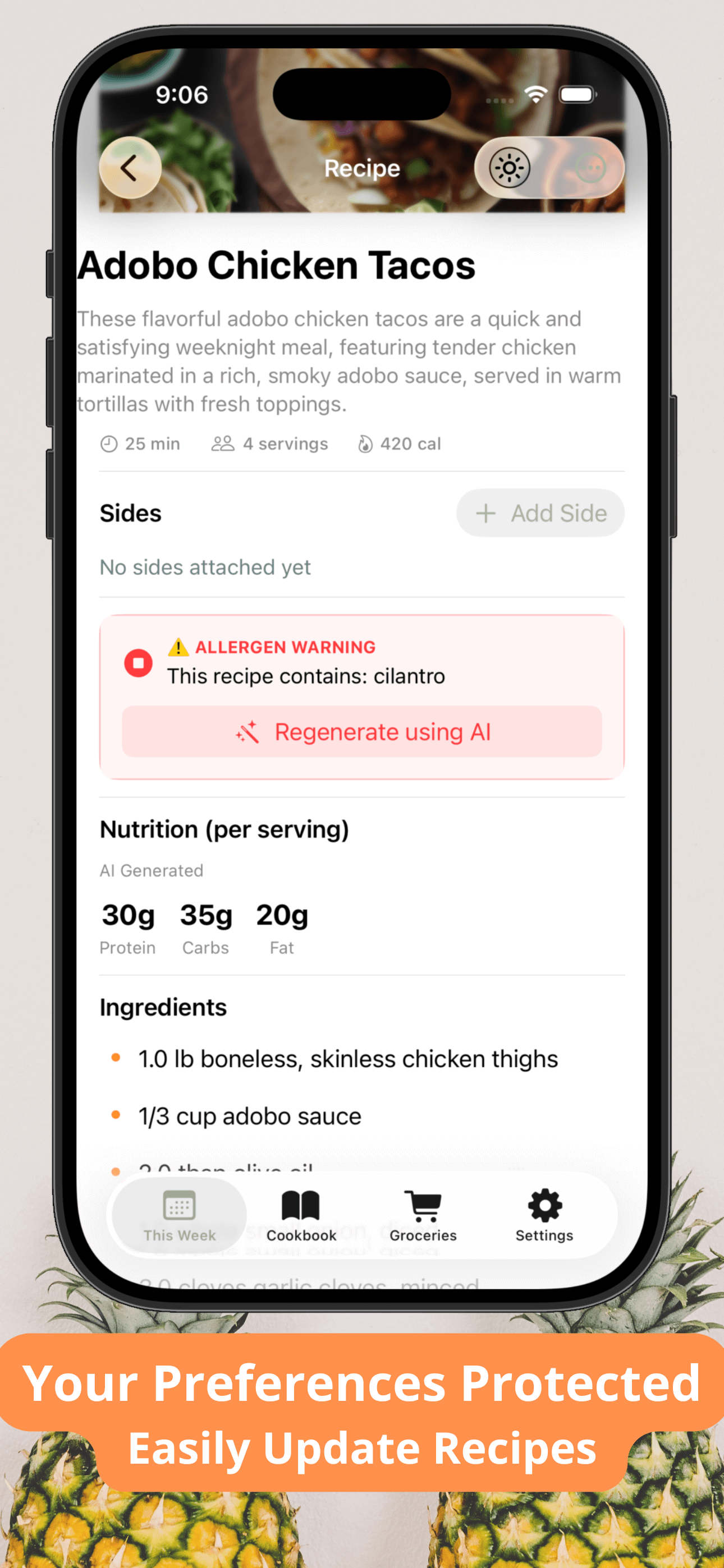 Recipe details with preferences and modification options